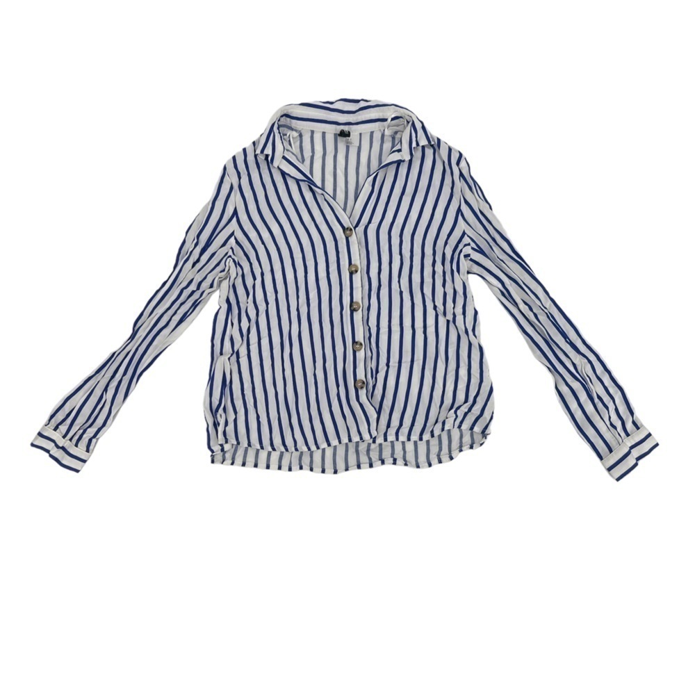 H&M Divided Blue White Striped Collared Long Sleeve Blouse Size Small Women's